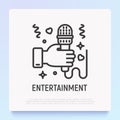 Hand with microphone thin line icon. Karaoke, interview, singer symbol. Modern vector illustration for logo of event service