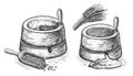 Millstone sketch. Hand mill is an ancient stone tool for grinding grain products and obtaining flour. Vintage vector