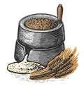 Hand millstones for grain, ears of wheat, flour. Cooking and baking flour, food ingredients. Vector illustration