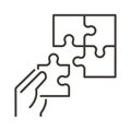 Hand with missing piece of a puzzle set. Vector thin line icon for concepts of problem solving, success, business, education Royalty Free Stock Photo