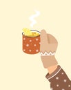 Hand in mitten holding a cup of hot tea with lemon and ginger. Flat vector illustration