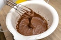 Hand mixer with a whisk raised above the bowl, with raw dough, the dough is in a thick liquid brown state.