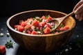 a hand mixing a bowl of watermelon salad with a wooden spoon