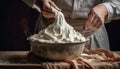 Hand mixing dough for homemade sweet pie generated by AI Royalty Free Stock Photo