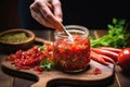 hand mixing fermented salsa in glass jar with wooden spoon