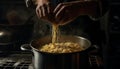 Hand mixing fresh flour for homemade pasta generated by AI