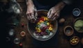 Hand mixing ful flour in rustic bowl generated by AI