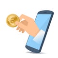 A hand from the mobile phone screen holds a euro. Royalty Free Stock Photo