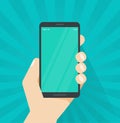Hand with mobile phone vector illustration, flat cartoon person hand holding smartphone showing cellphone screen or Royalty Free Stock Photo