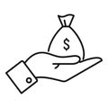 Hand money bag cash back icon, outline style Royalty Free Stock Photo