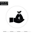 Hand and money bag - European euro black and white flat icon