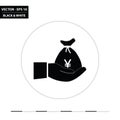 Hand and money bag - Japanese yen black and white flat icon Royalty Free Stock Photo