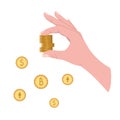 Hand with money, bitcoins, cryptocurrency. Money concept, golden coins design. Vector Illustration for backgrounds Royalty Free Stock Photo