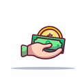 Hand with money and dollar coin cartoon icon illustration flat style on white background for web, landing page, sticker, banner, Royalty Free Stock Photo