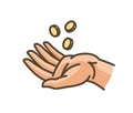 Hand and money or gold coins. Earnings, cash, profit, income icon. Vector illustration