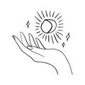 Hand and moon. Hand drawn style logo or icon. Fashion, beauty, skin care concept. Line art vector illustration.