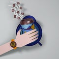 Hand with morning dixie cup of coffee and smart watch with alarm clock signal. 3d illustration