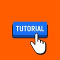 Hand Mouse Cursor Clicks the Tutorial Button. Royalty Free Stock Photo