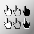 Hand mouse cursor icon. Pointer hand cursor icons, Black, white and transparent pixelated vector hand symbol.