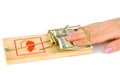 Hand and mousetrap with money Royalty Free Stock Photo