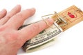 Hand and mousetrap with money Royalty Free Stock Photo