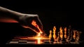 Hand moving strategic chess on orange chess board for business concept.