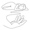 Hand with naked woman one-line art,hand drawn lady figure continuous contour.Palm with fingers holds female body,beauty