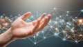 A hand navigates a complex digital network