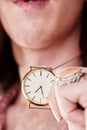 Hand, necklace and jewelry watch by man closeup fashion for rich person with luxury time accessories. Investment, gold Royalty Free Stock Photo