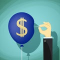 Hand with needle pierces the balloon. Dollar currency symbol. St