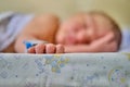 Hand newborn baby with a maternity hospital bracelet on his arm is sleeping in a crib. A newly born child in a clinic bed behind a Royalty Free Stock Photo
