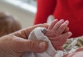 The hand of a newborn held by an old person