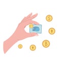 Hand with NFT with coins, bitcoins, cryptocurrency. Concept of non fungible token. Hand with NFT. Vector Illustration for