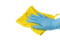 Hand in nitrile latex free hypoallergenic protective glove with microfiber cleaning cloth, isolated on white background