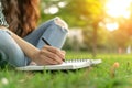 Hand with notebook for studying, learning and creative notes for academic class. Student writes information. Generative Royalty Free Stock Photo