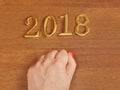 Hand and numbers 2018 on door - new year background Royalty Free Stock Photo