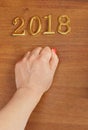 Hand and numbers 2018 on door - new year background Royalty Free Stock Photo