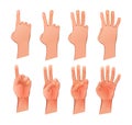 Hand numbers up to five. View outside and inside. Gestures are different. Fun cartoon style. Isolated on white Royalty Free Stock Photo