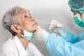 Hand of nurse hold a swab,use to insert it into the nostril of senior patient,medical taking a swab for nasal mucus test from old Royalty Free Stock Photo