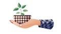 Hand nurturing a small plant in a checkered pot. vector design Generative AI Royalty Free Stock Photo