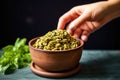 hand offering a full bowl of spelt pasta with pesto directly to the camera