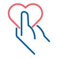 Hand offering heart icon. Vector thin line illustration. Symbolizes