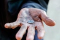 Hand old man begging for money because of the hunger vintage tone Royalty Free Stock Photo