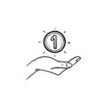 Hand and one coin hand drawn outline doodle icon. Royalty Free Stock Photo