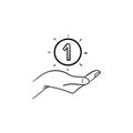 Hand and one coin hand drawn outline doodle icon. Royalty Free Stock Photo