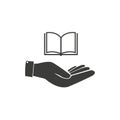 Hand and open book vector icon. filled flat sign for mobile concept and web design. Knowledge simple solid icon. Symbol, logo Royalty Free Stock Photo