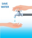 Hand open for drinking tap water. Drink a falling drop. Liquid in the palm. Vector illustration flat design.  Turn on and turn off Royalty Free Stock Photo