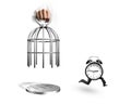 Hand opening cage and alarm clock with human legs running Royalty Free Stock Photo