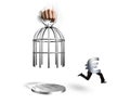 Hand opening cage and Euro symbol with human legs running