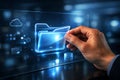 Hand opening digital folder on modern futuristic interface Royalty Free Stock Photo